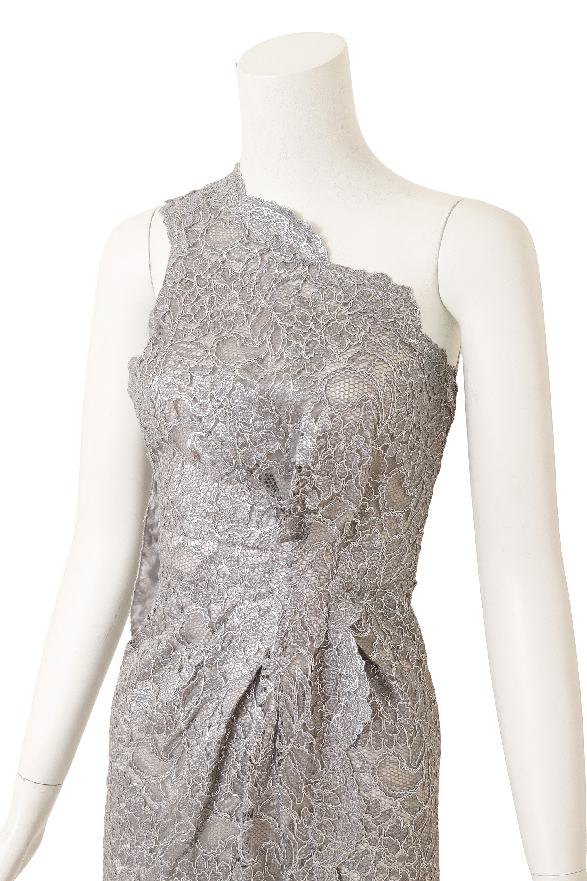 Dsquared2 One-Shoulder Metallic Lace Gown on mannequin close @ Recess LA