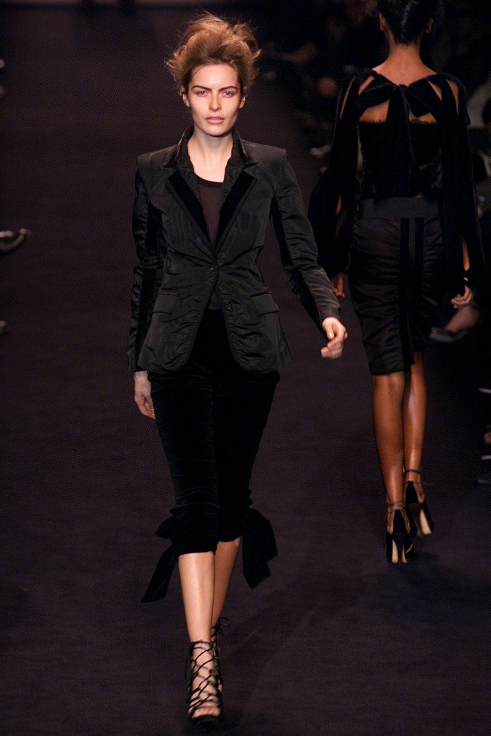 Silk velvet jacket by Yves Saint Laurent on model on runway from Vogue archives @recessla