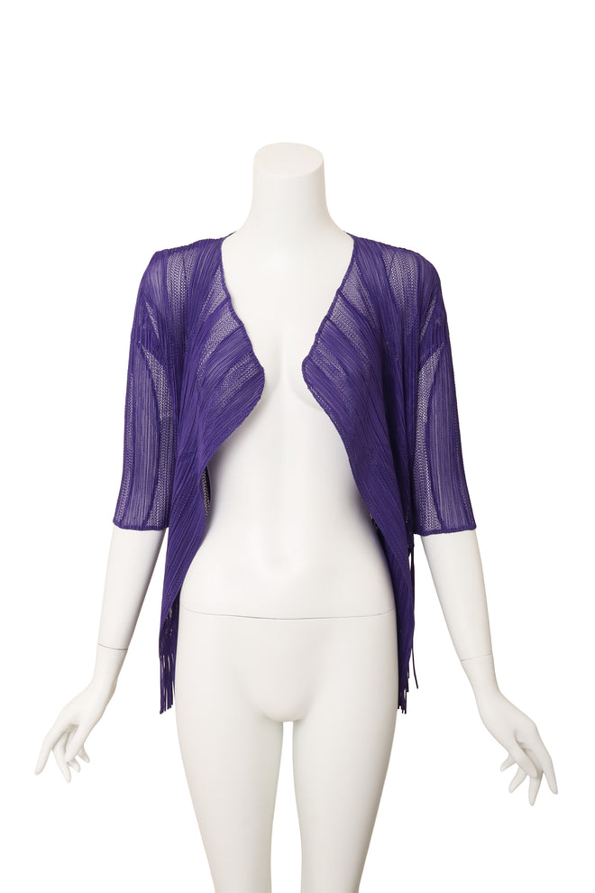 Vintage Pleats Please Issey Miyake Mesh Fringe Cardigan on mannequin @ Recess LA
