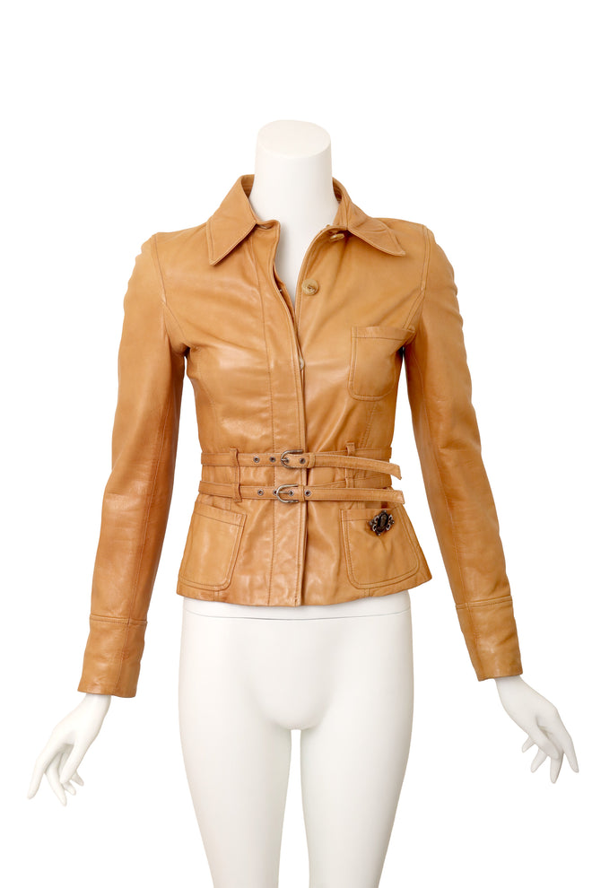Galliano Detachable Fur Collar Leather Jacket on mannequin without fur @ Recess LA