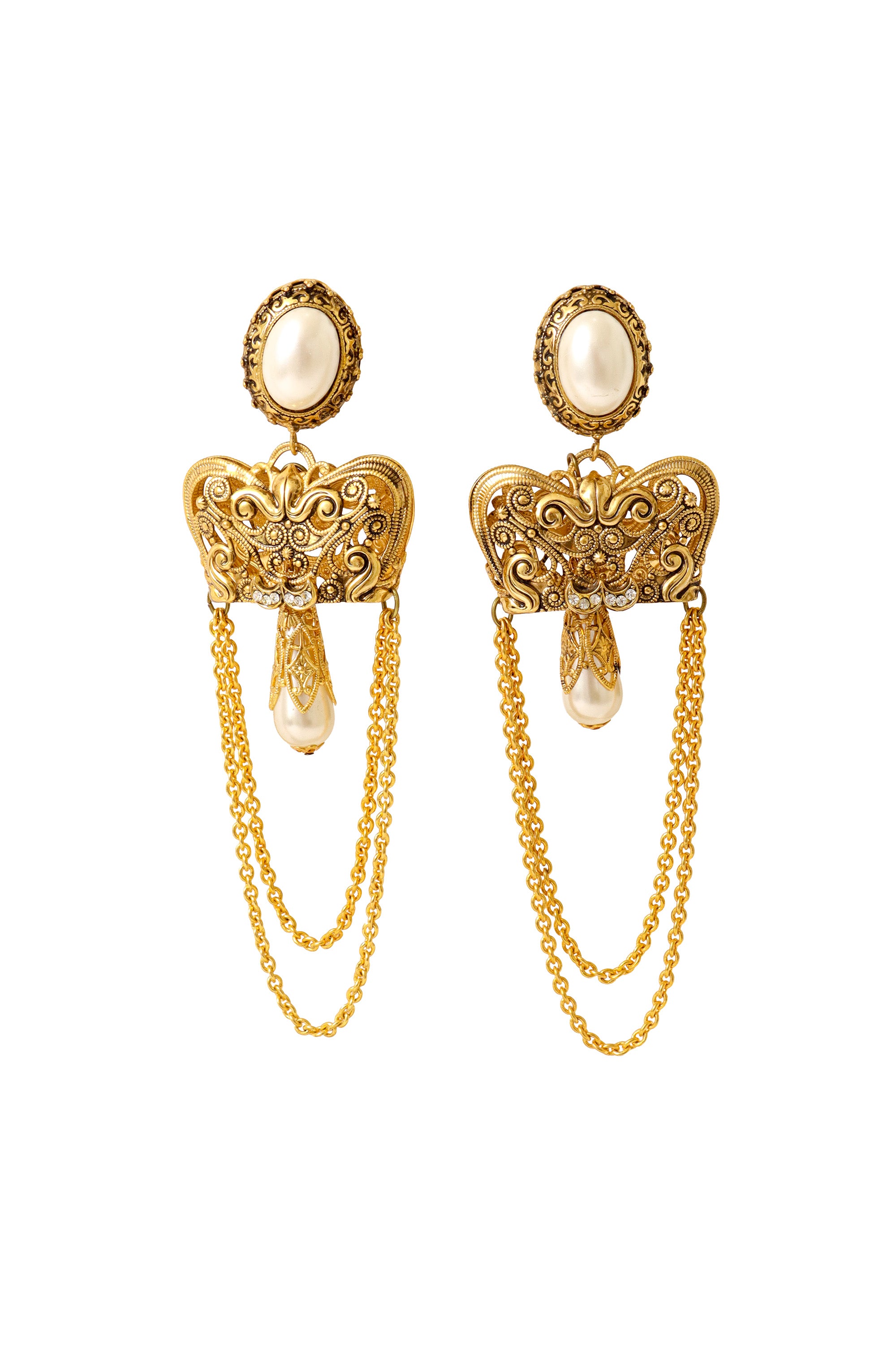 Filigree chain drop pearl earrings by Nadir @ Recess LA 