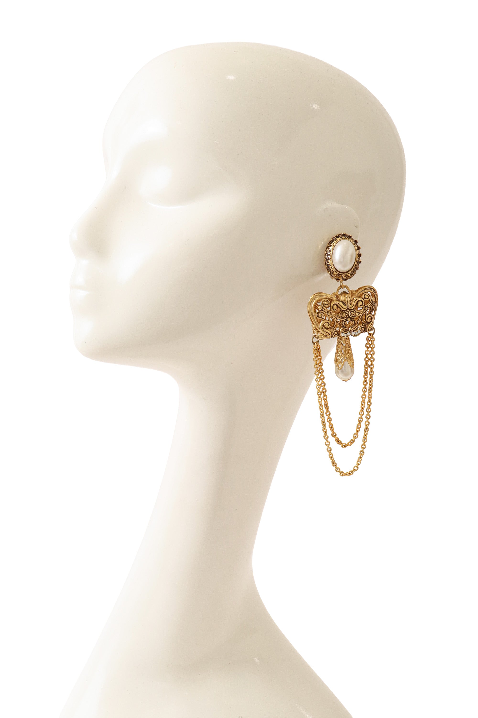 Filigree chain drop pearl earrings by Nadir on mannequin @ Recess LA 