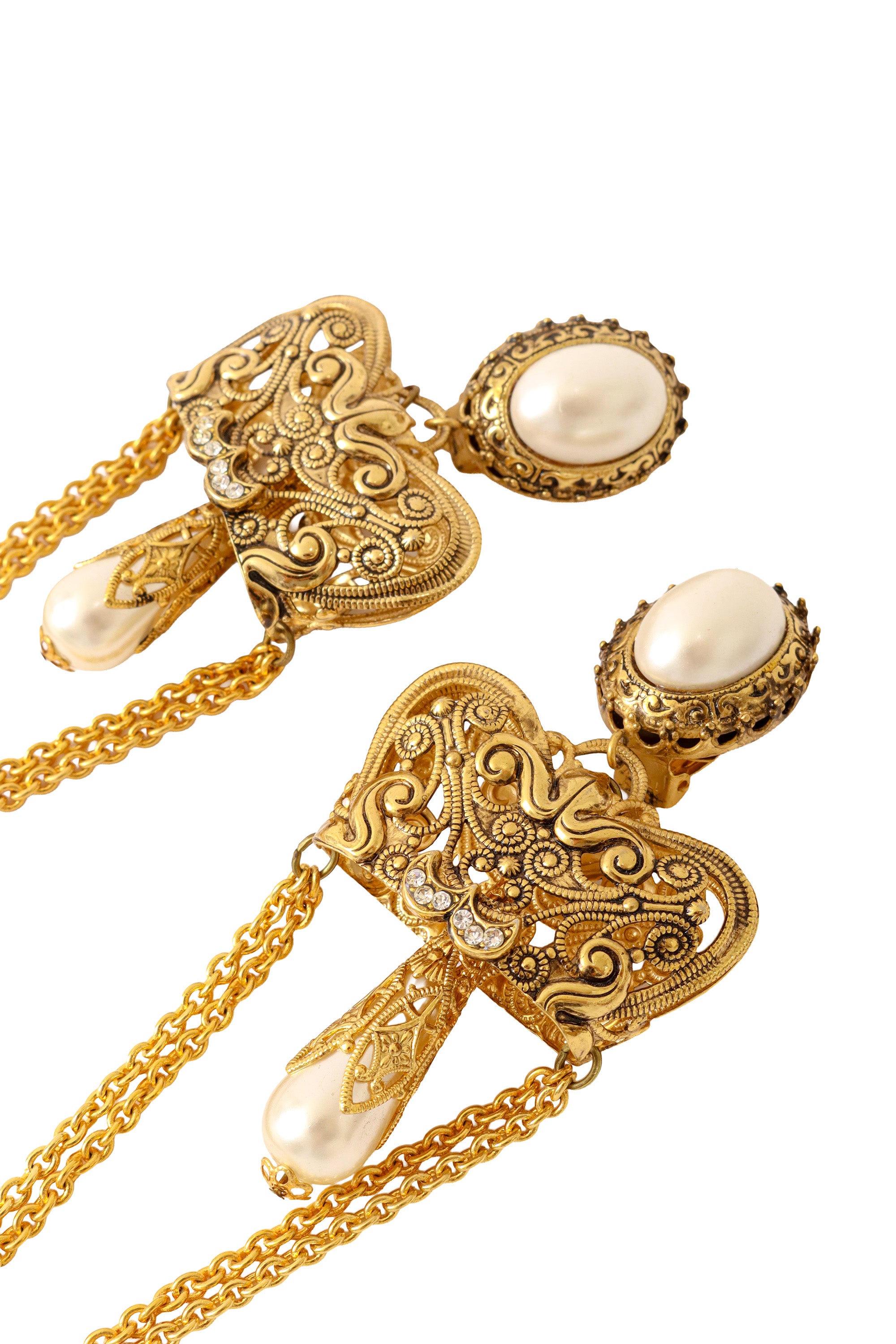 Filigree chain drop pearl earrings by Nadir up close @ Recess LA 