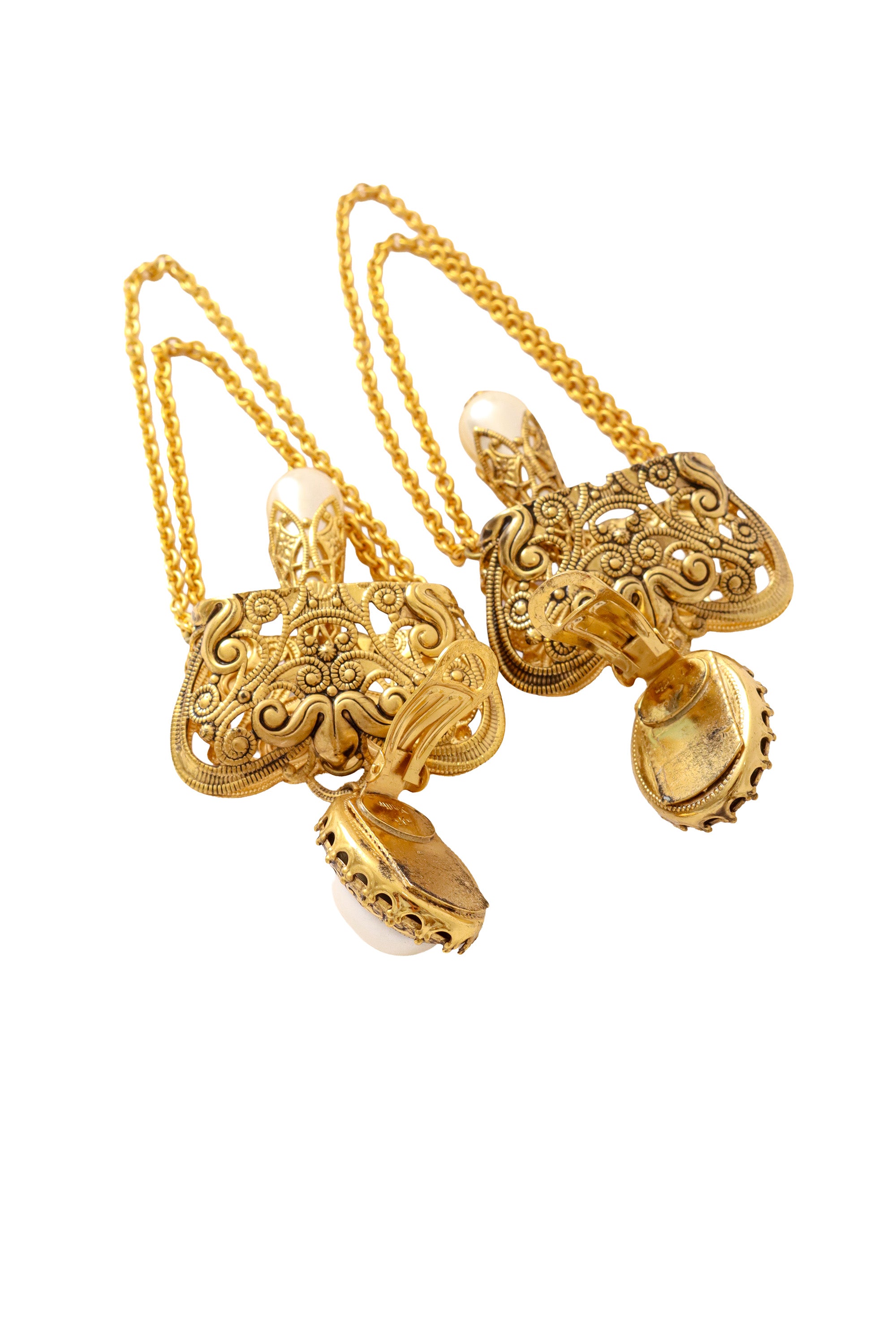 Filigree chain drop pearl earrings by Nadir reverse side @ Recess LA 