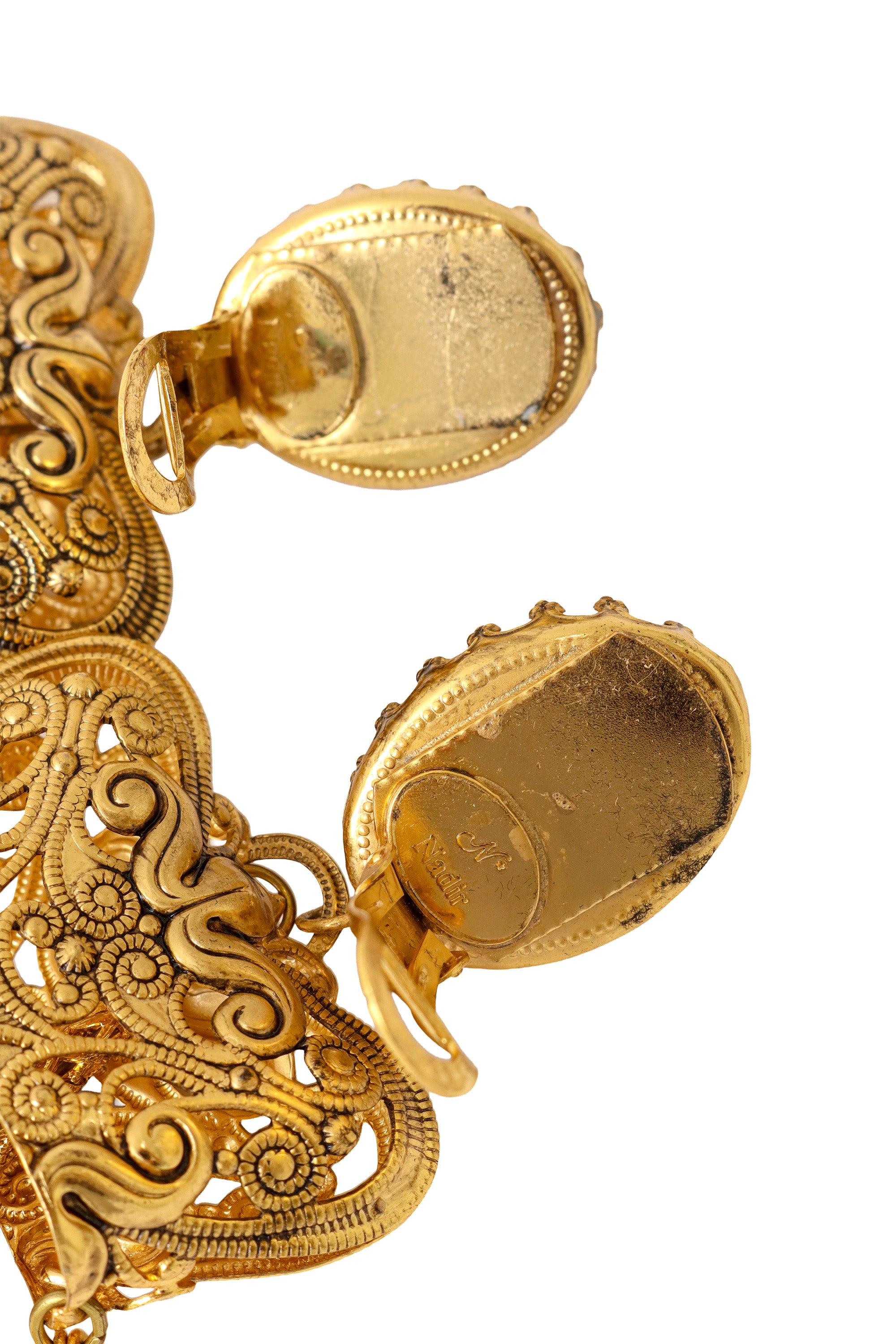 Filigree chain drop pearl earrings by Nadir signature and clip @ Recess LA 