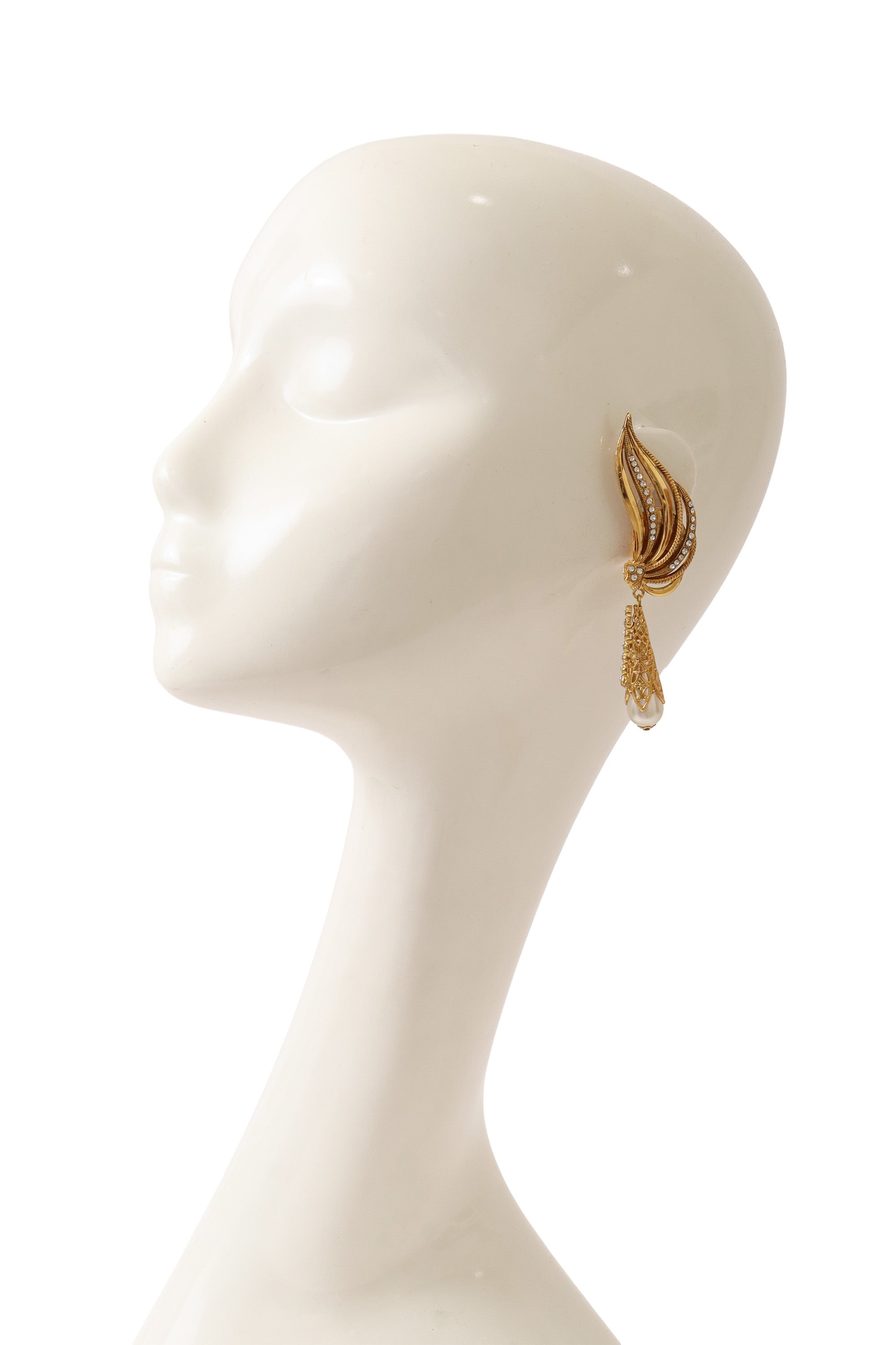Crystal wing cuff pearl drop filigree earrings by Nadir on mannequin @ Recess LA 