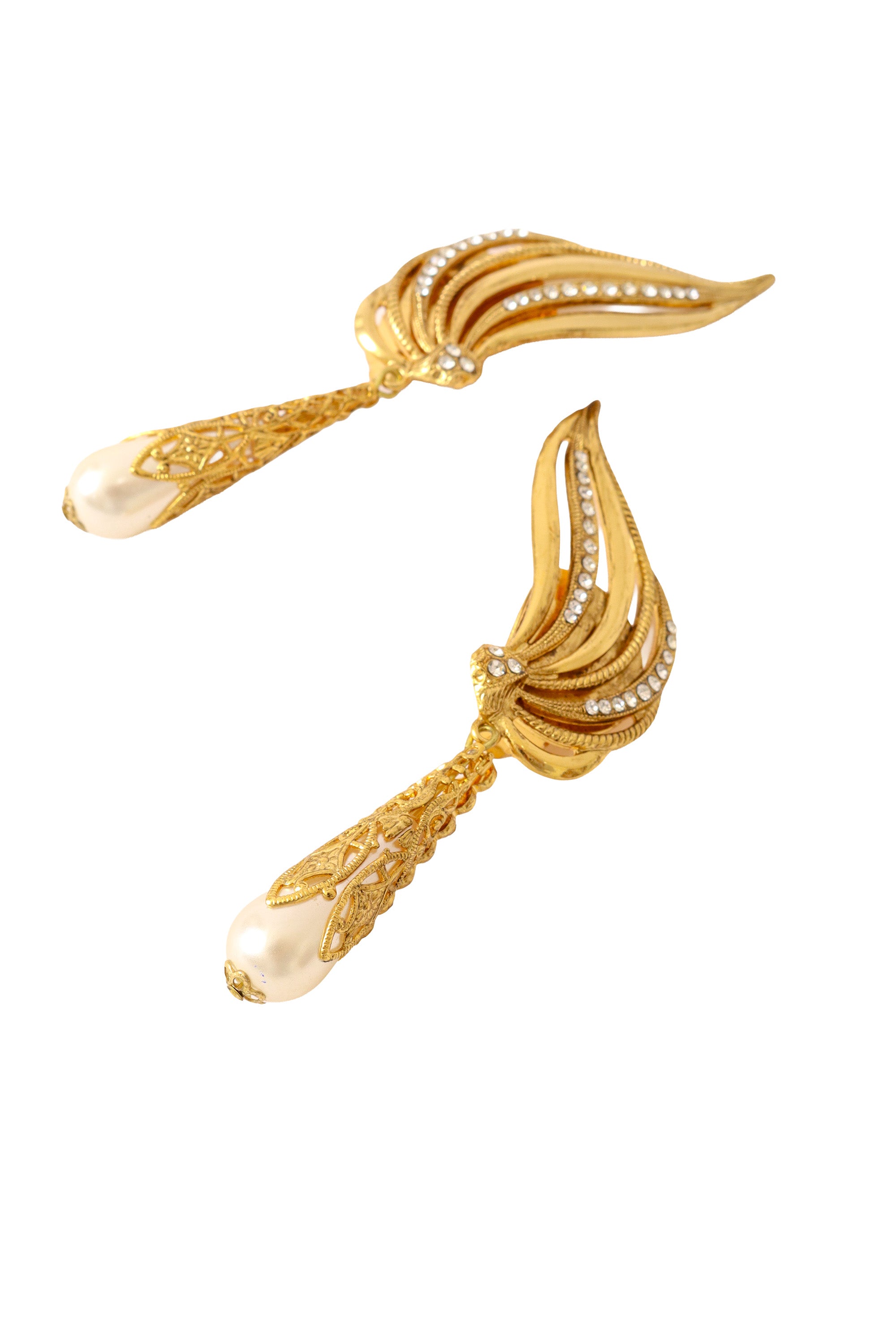 Crystal wing cuff pearl drop filigree earrings by Nadir up close @ Recess LA 