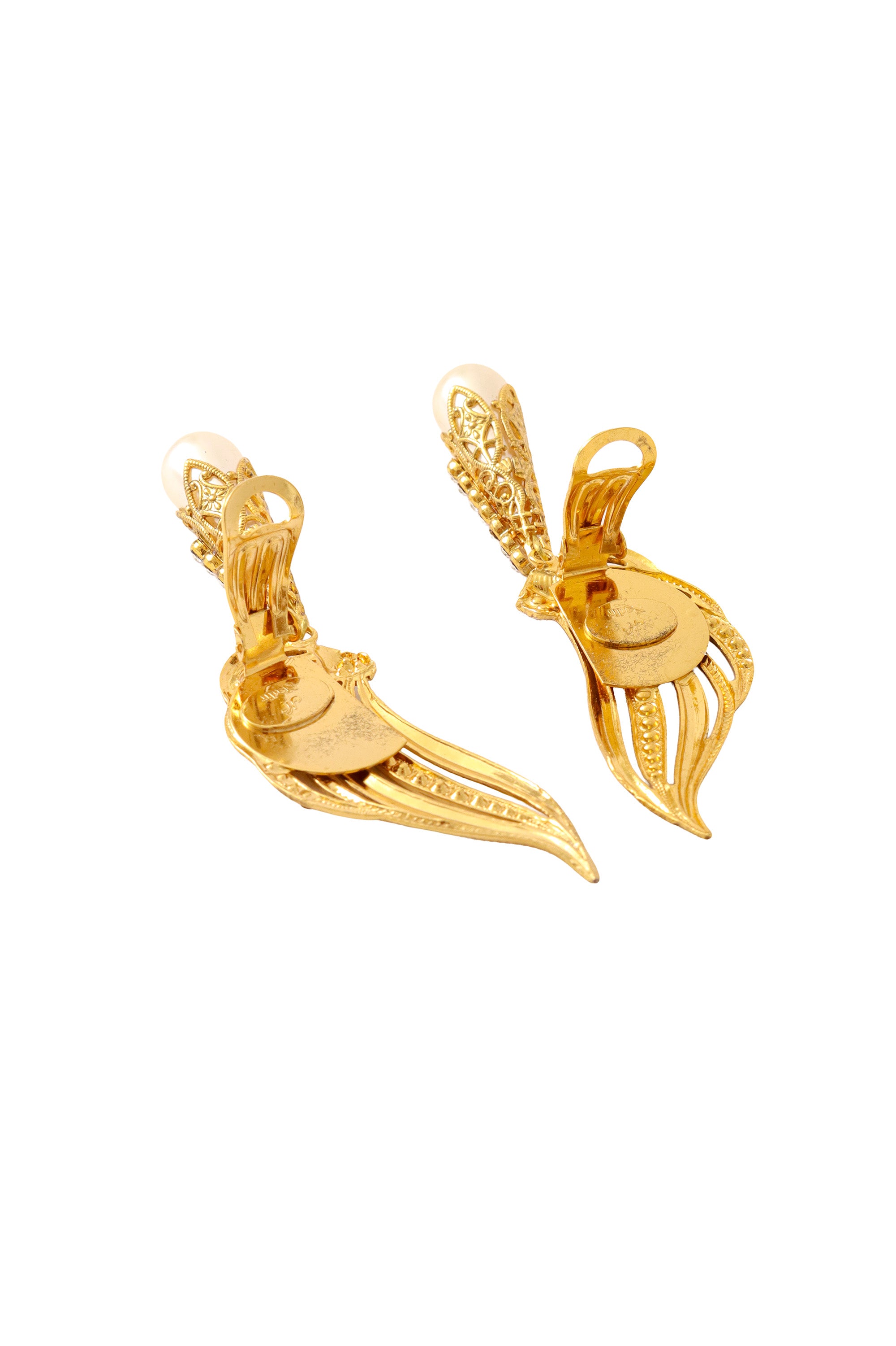 Crystal wing cuff pearl drop filigree earrings by Nadir clips @ Recess LA 