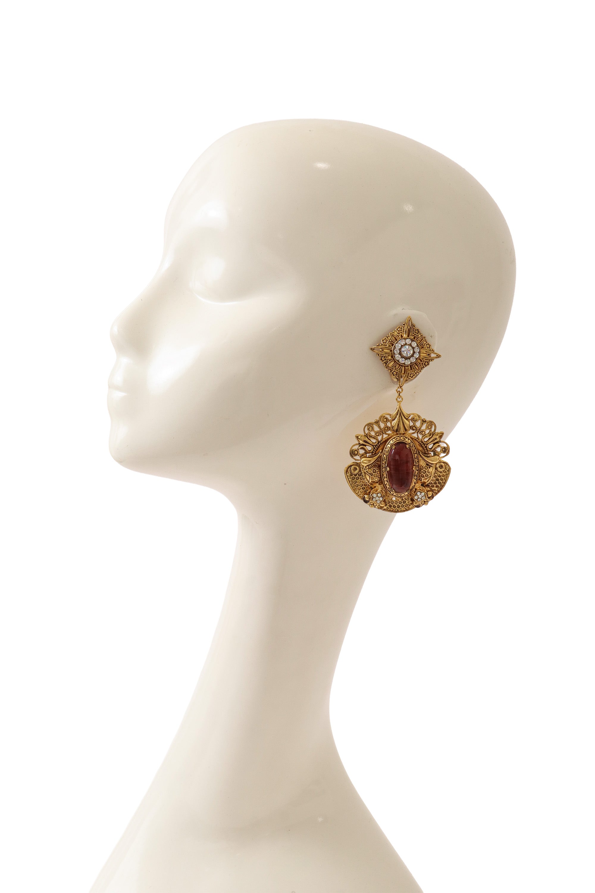 Filigree large mauve cabochon crystal drop earrings by Nadir on mannequin @ Recess LA 