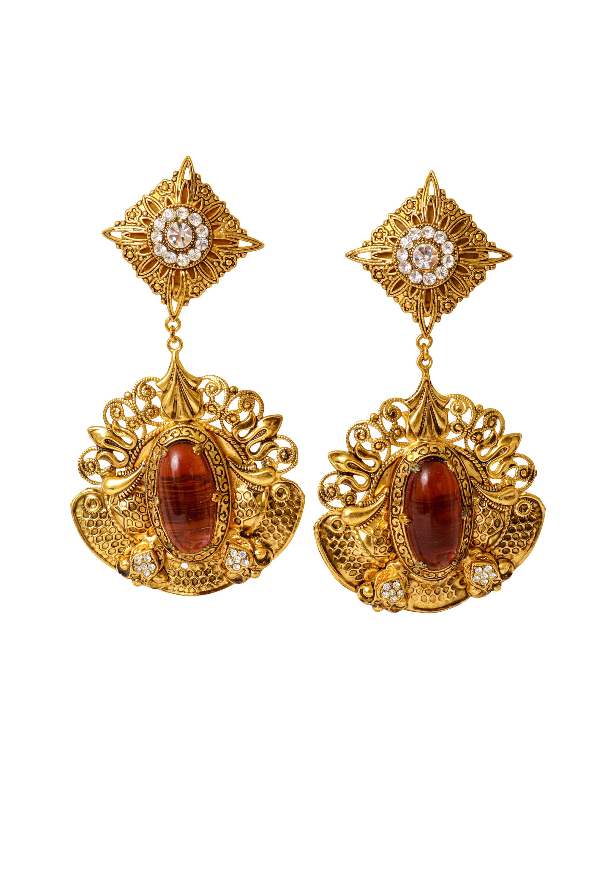 Filigree large mauve cabochon crystal drop earrings by Nadir @ Recess LA 