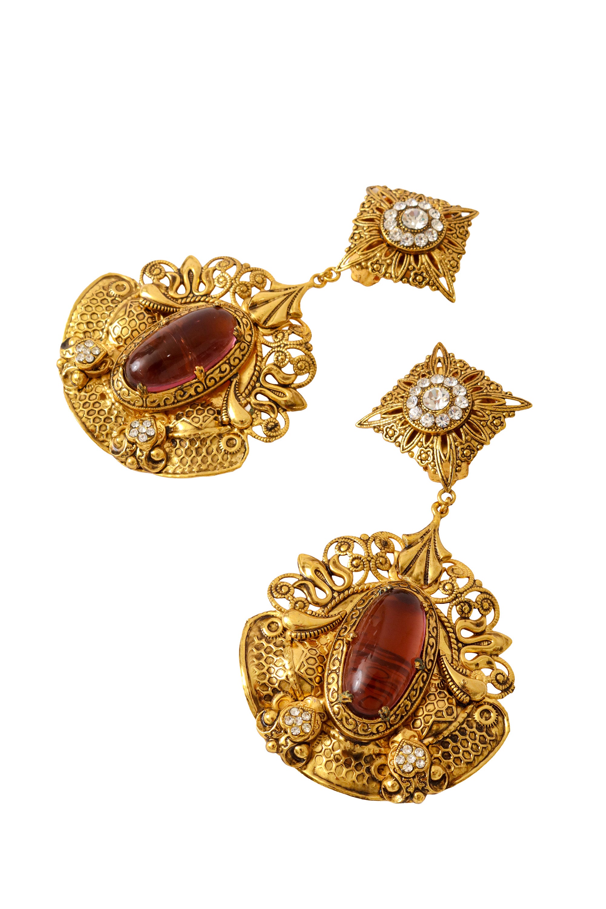 Filigree large mauve cabochon crystal drop earrings by Nadir up close @ Recess LA 