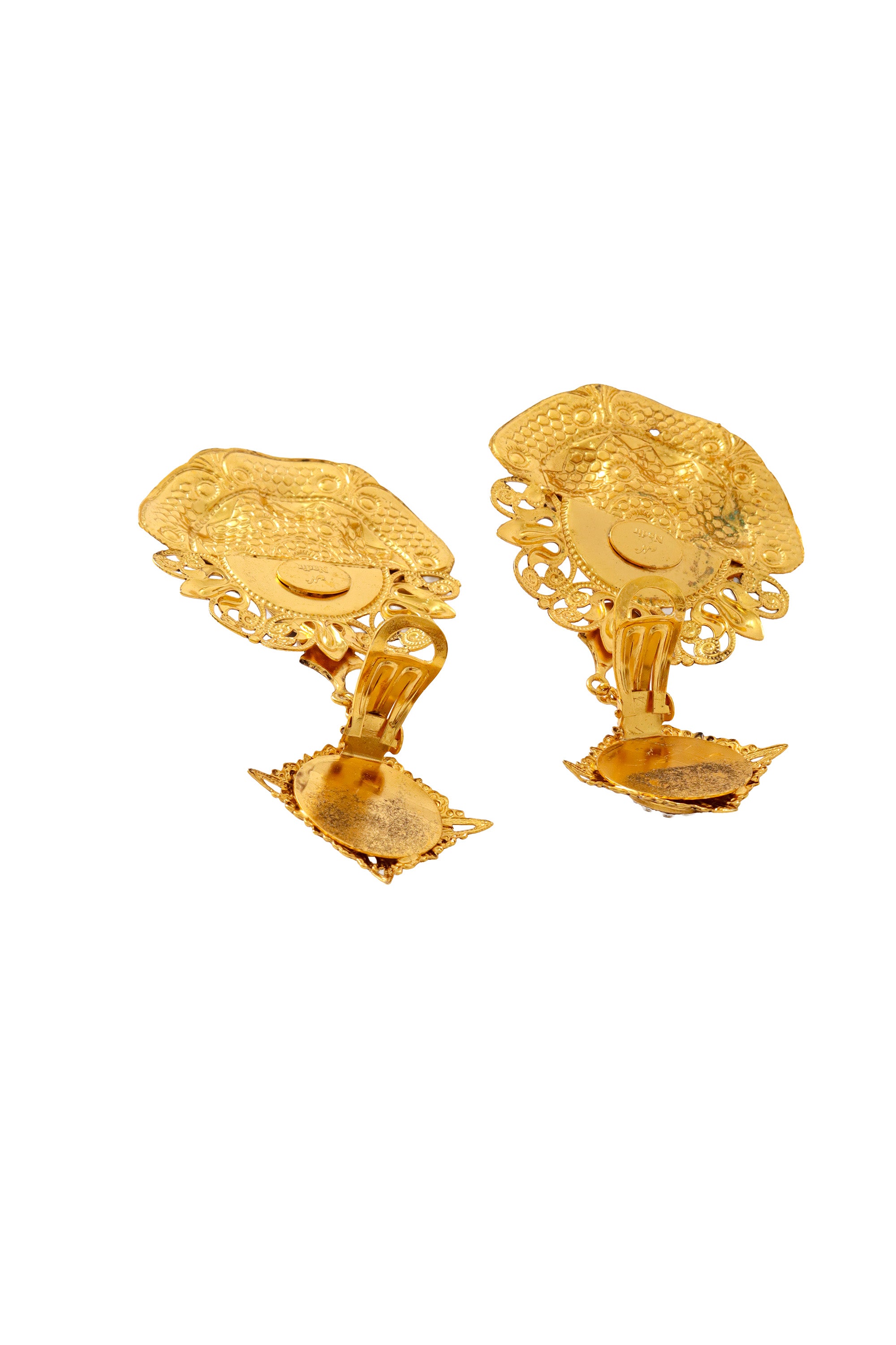 Filigree large mauve cabochon crystal drop earrings by Nadir backside and clips @ Recess LA 