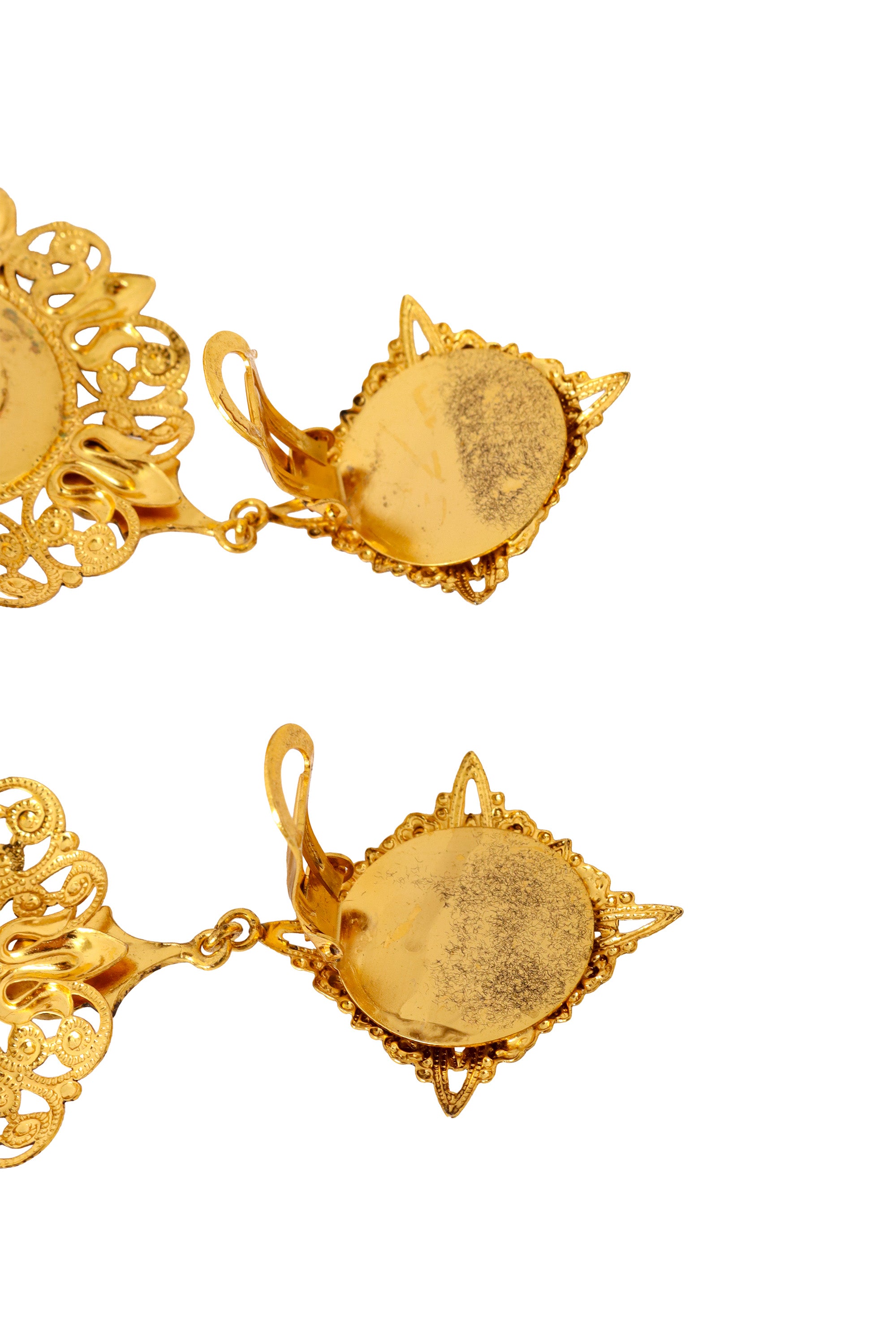 Filigree large mauve cabochon crystal drop earrings by Nadir clips up close @ Recess LA 