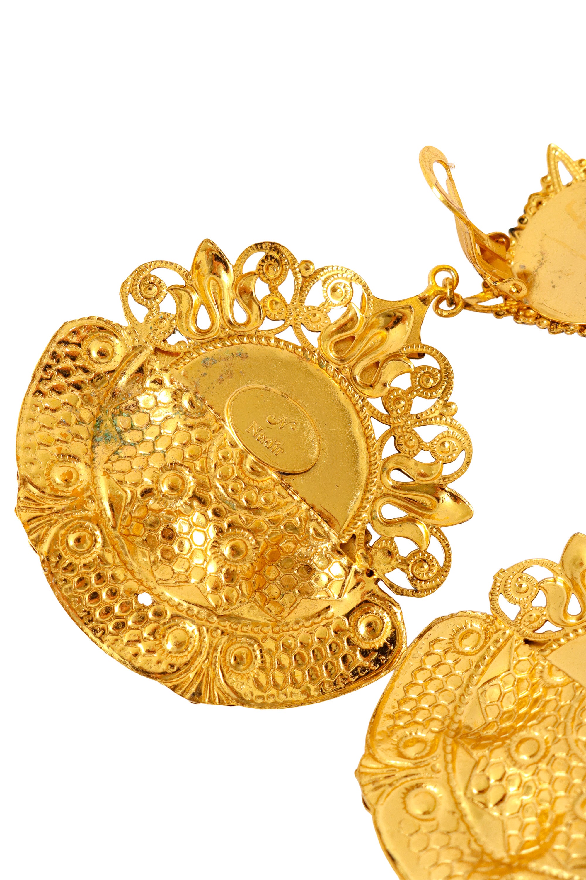 Filigree large mauve cabochon crystal drop earrings by Nadir back side and minor wear @ Recess LA 