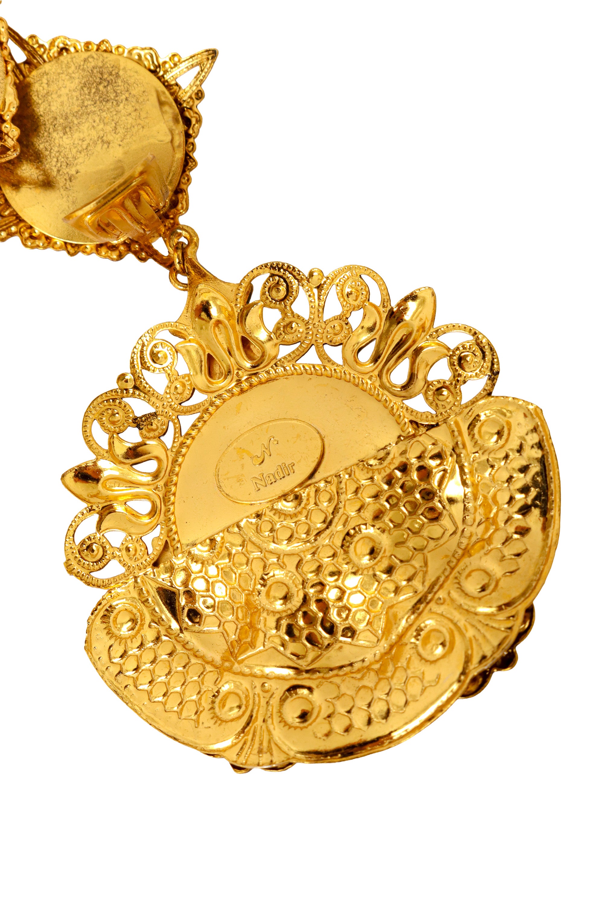 Filigree large mauve cabochon crystal drop earrings by Nadir signature @ Recess LA 