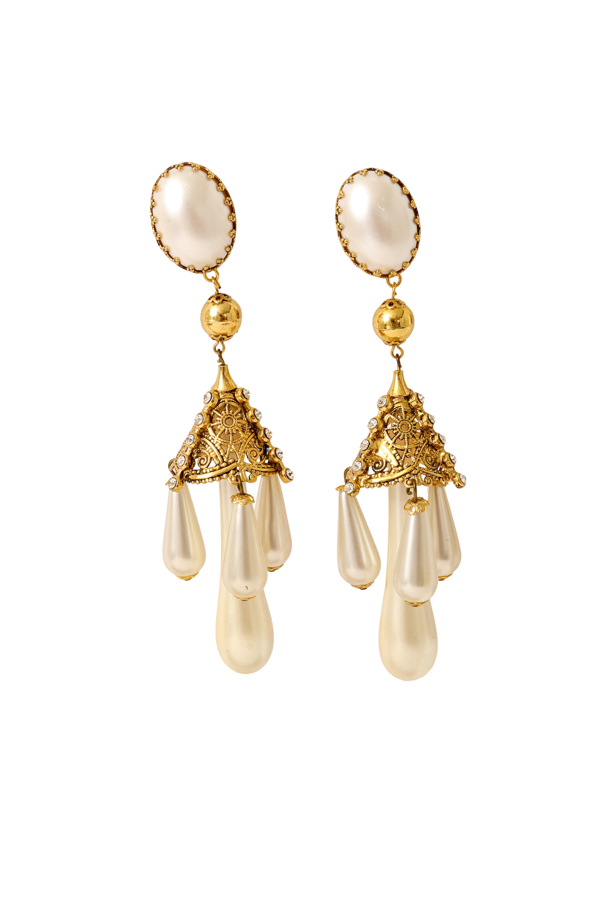 Filigree quad pearl drop chandelier earrings by Nadir @ Recess LA 