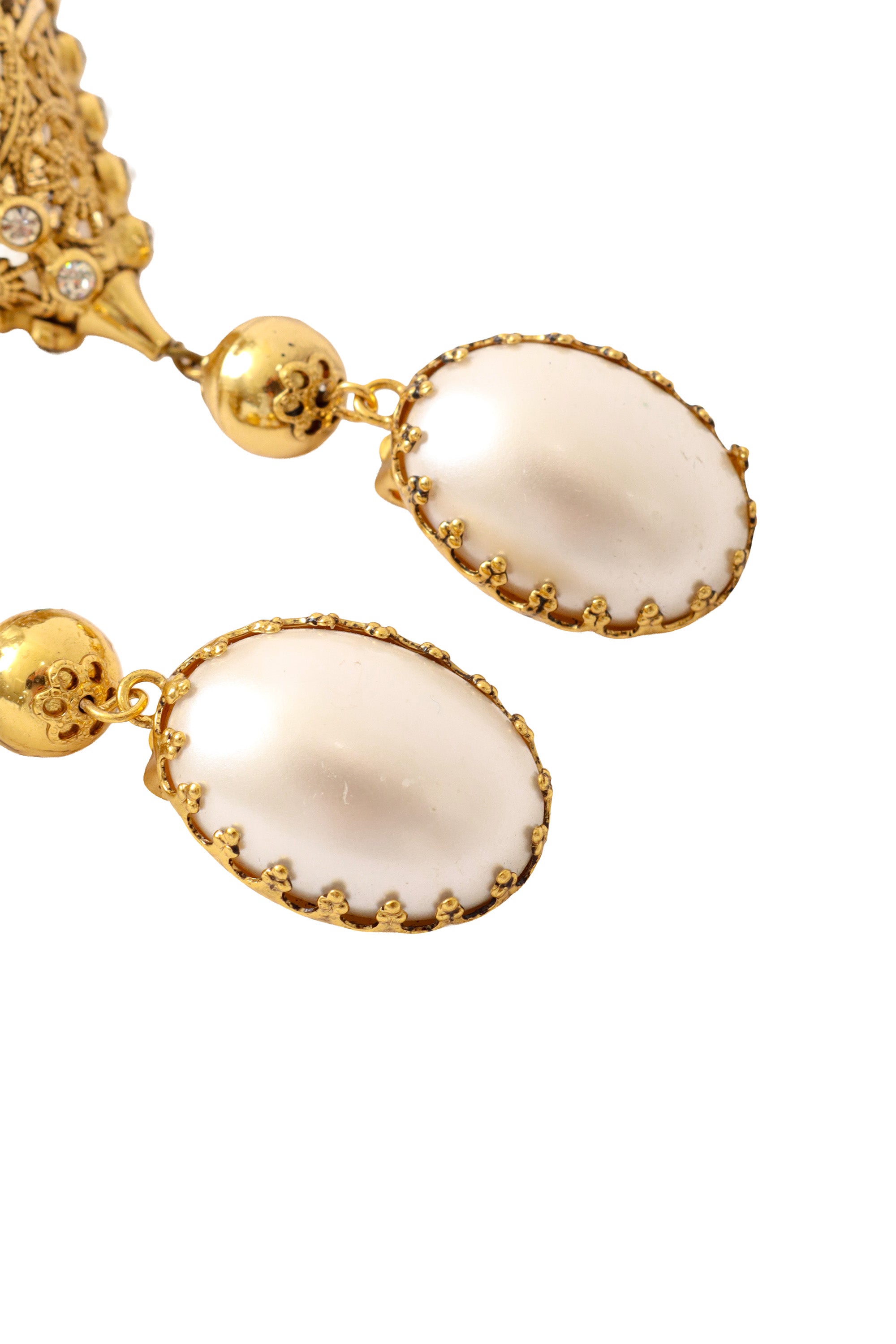 Filigree quad pearl drop chandelier earrings by Nadir pearl clip on @ Recess LA 