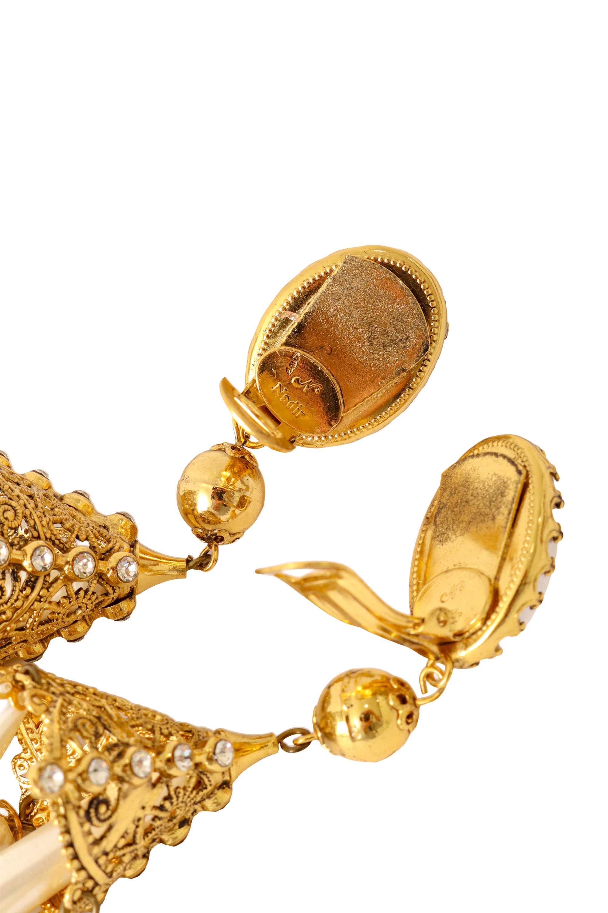 Filigree quad pearl drop chandelier earrings by Nadir signature and clips @ Recess LA 