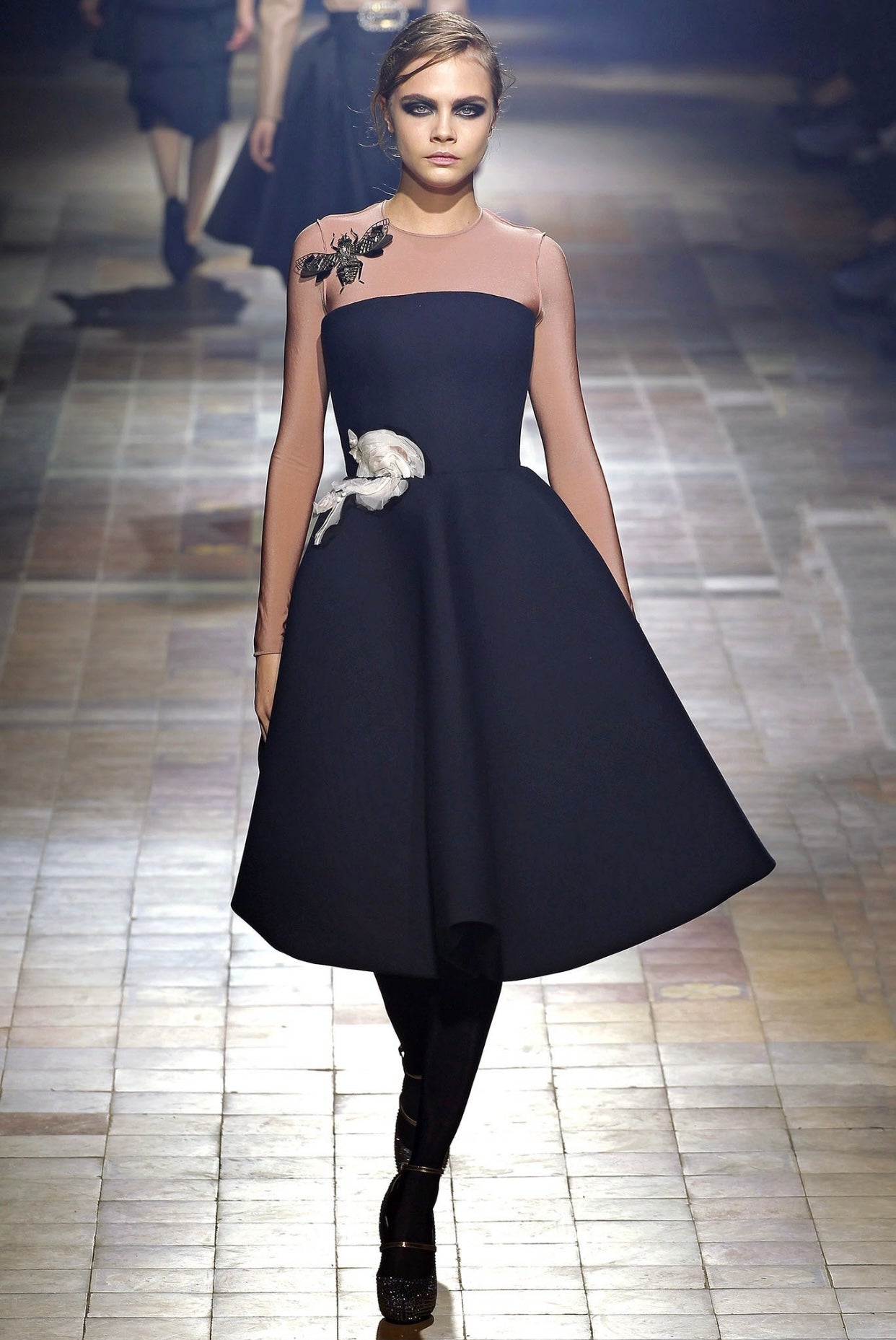 2013 F/W Strapless Floral Appliqué Dress on model Cara Delevigne on runway from Vogue archives @recessla