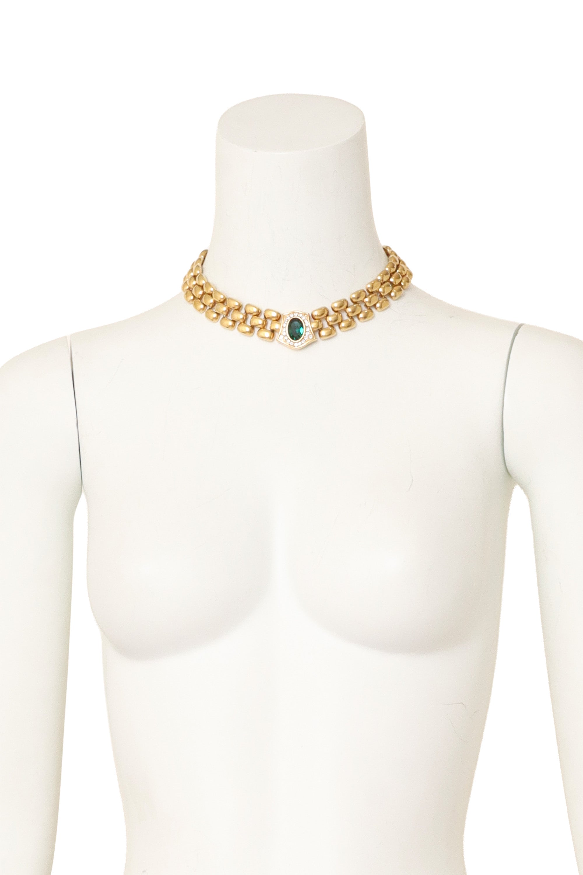 Link necklace with emerald cabochon center by Pierre Erwin Pearl on mannequin @ Recess LA 