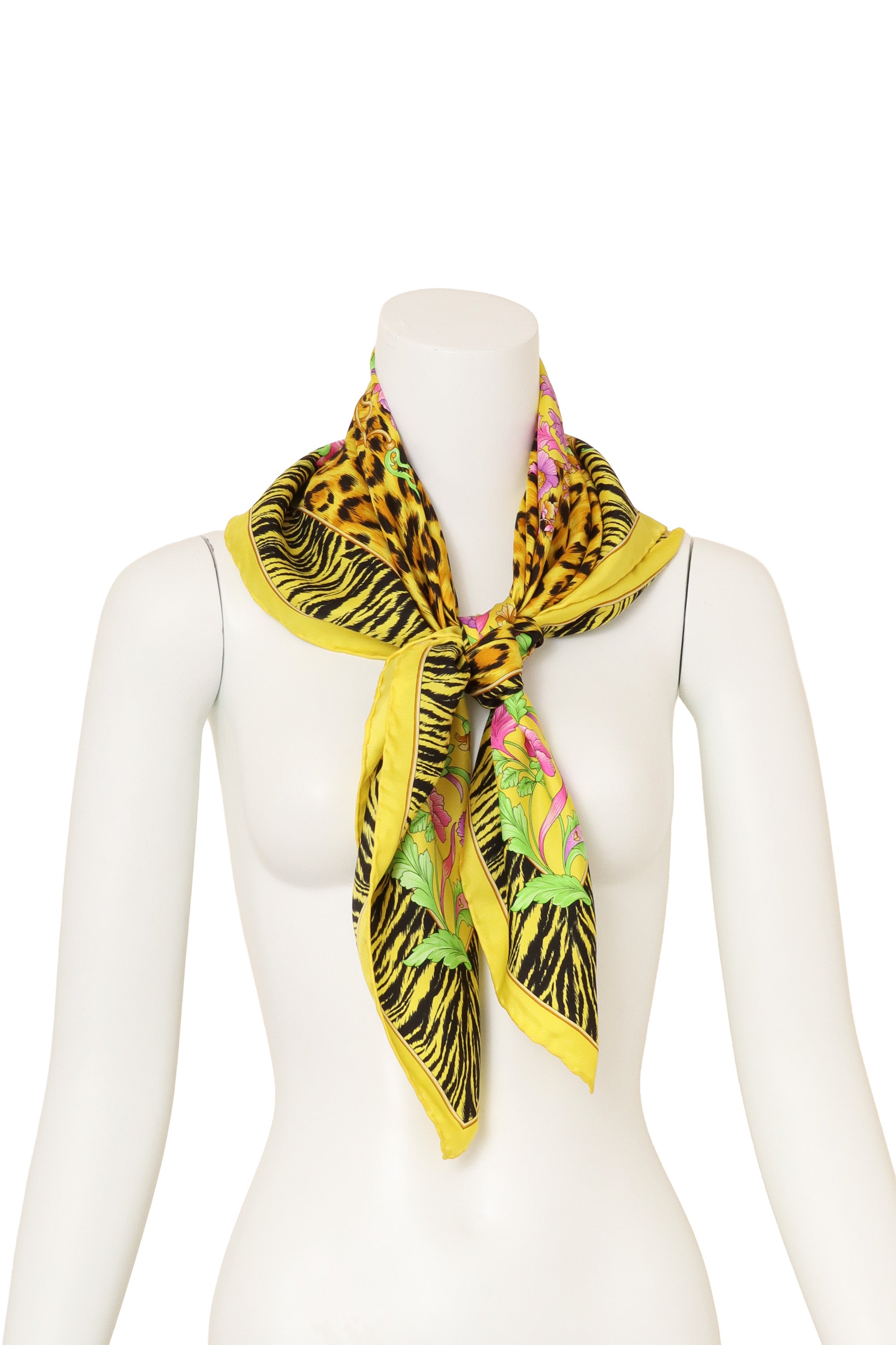 Vintage Versace Large Neon Leopard Floral Scarf on mannequin @ Recess LA