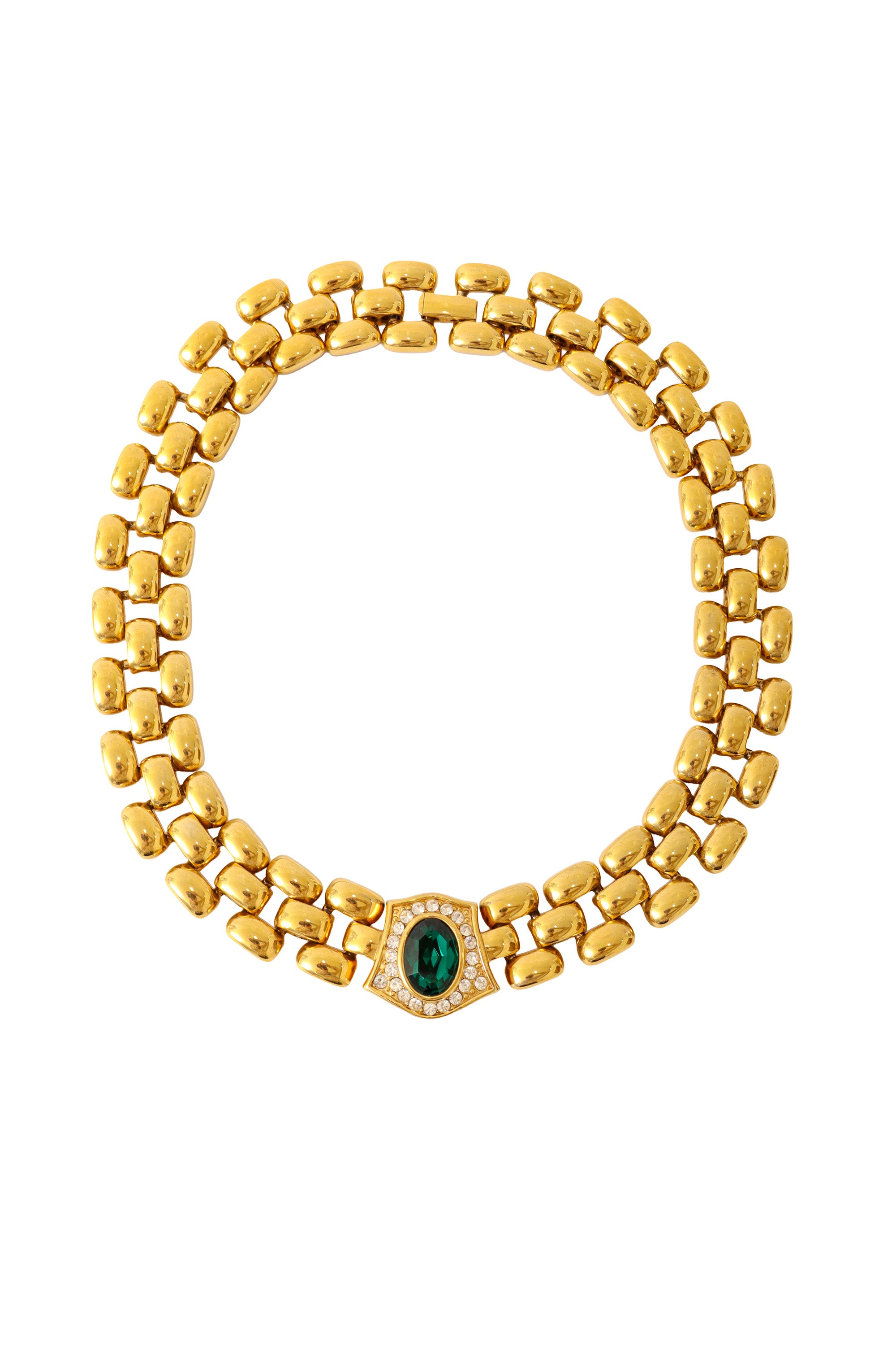 Link necklace with emerald cabochon center by Pierre Erwin Pearl @ Recess LA 