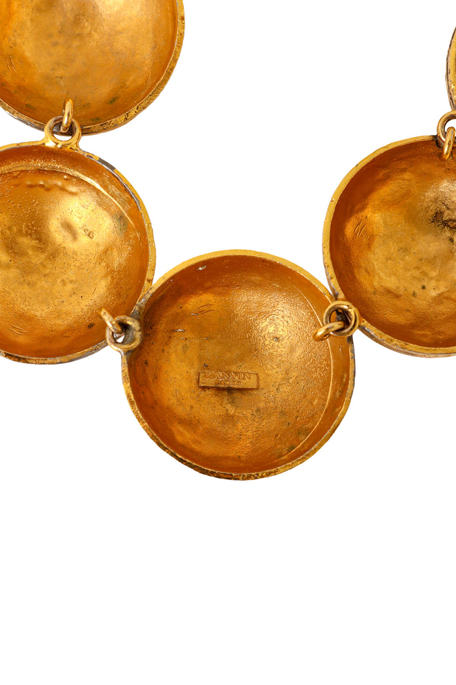 Hammered dome collar necklace with oversized sculptural gold spheres by Lanvin back signature @ Recess LA