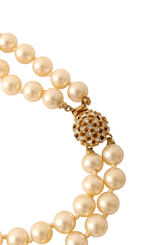 Double strand faux pearl necklace with jeweled drop pendant by Ciner crystal closure closed @ Recess LA 