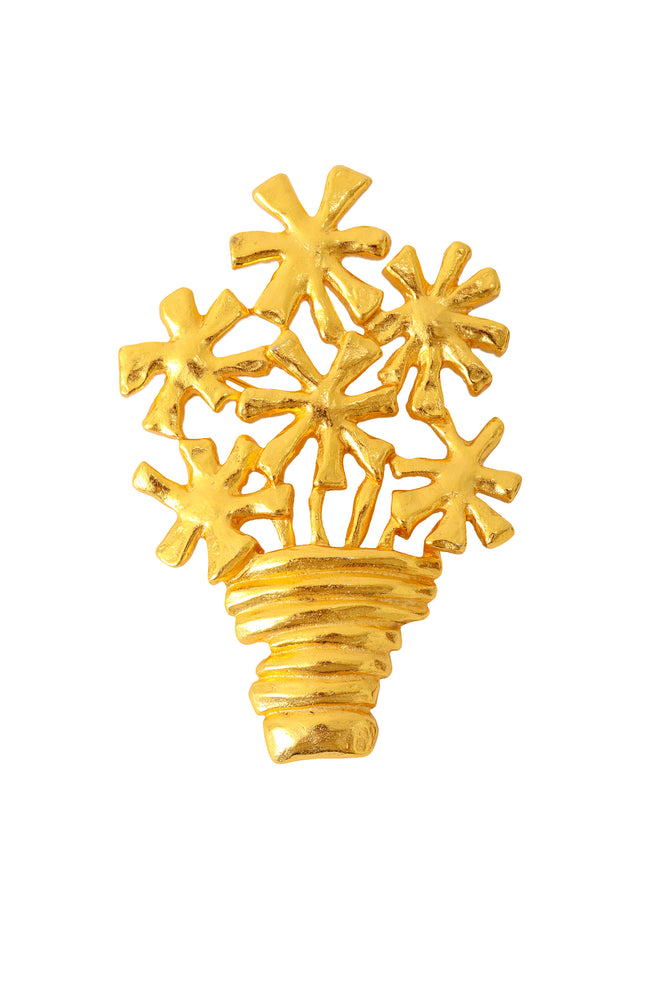 Sculptural floral bouquet brooch with textured gold flowers in a gathered vase by Hanae Mori @ Recess LA 