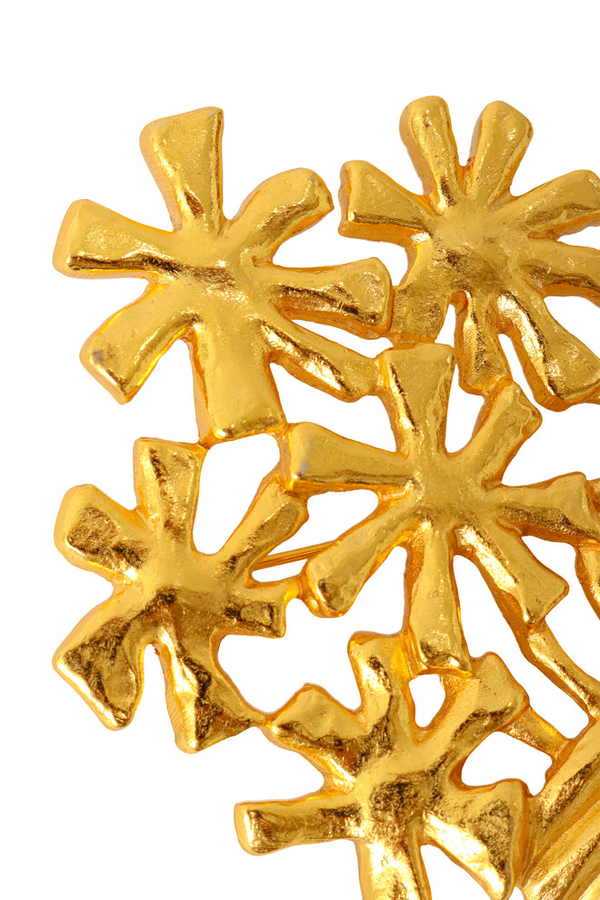 Sculptural floral bouquet brooch with textured gold flowers in a gathered vase by Hanae Mori up close @ Recess LA 