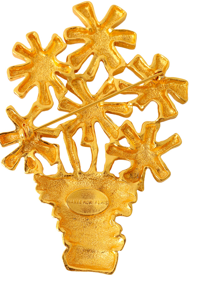 Sculptural floral bouquet brooch with textured gold flowers in a gathered vase by Hanae Mori back closed signature @ Recess LA 