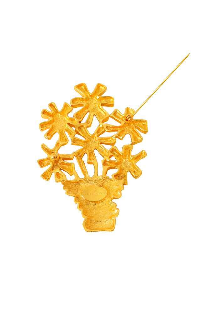 Sculptural floral bouquet brooch with textured gold flowers in a gathered vase by Hanae Mori back open @ Recess LA 