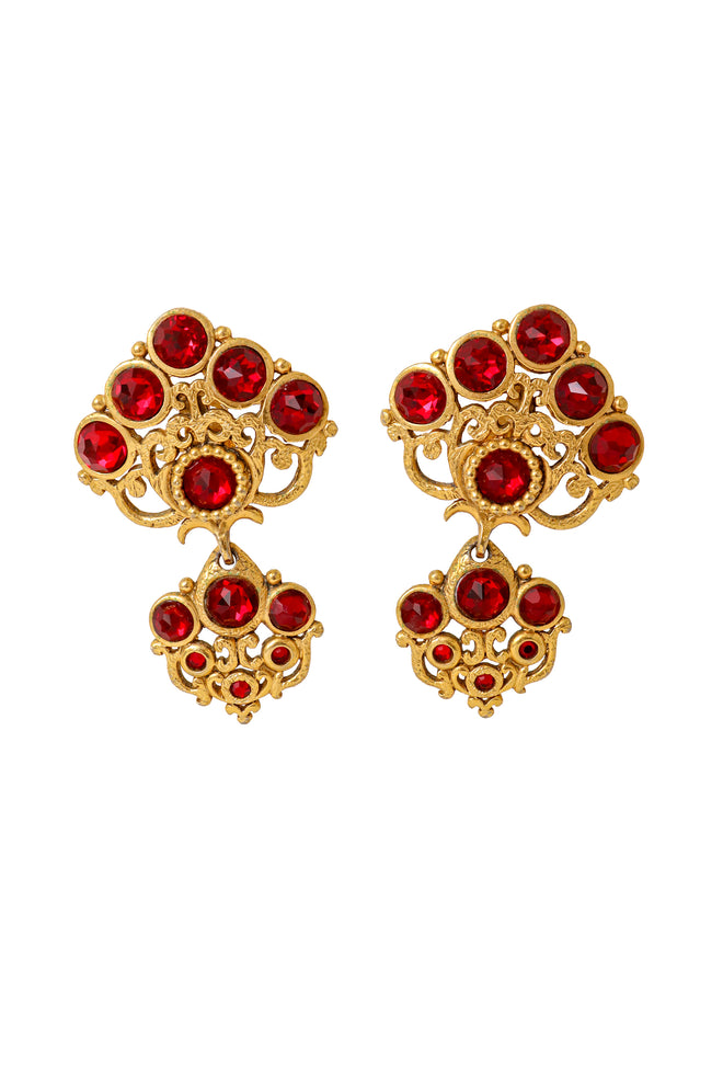 Large ornate crystal drop earrings with layered gold scrollwork and red glass stones by Abbey Road @ Recess LA 