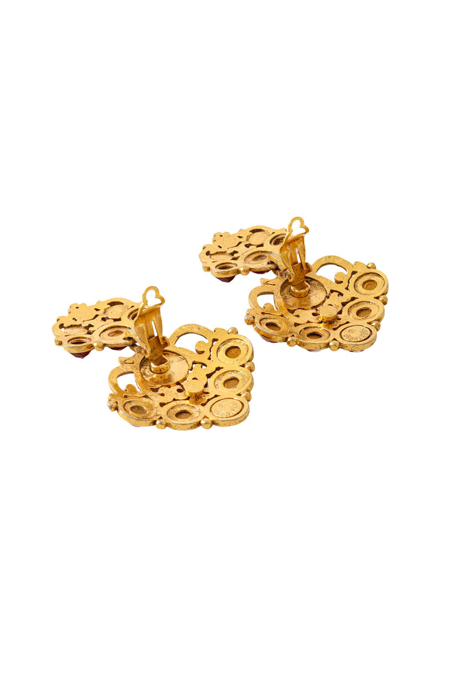 Large ornate crystal drop earrings with layered gold scrollwork and red glass stones by Abbey Road back clips open @ Recess LA