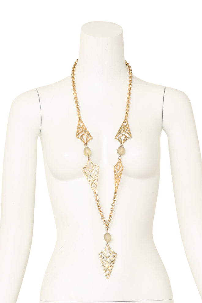 Filigree panel drop necklace with geometric openwork details on mannequin @ Recess LA 