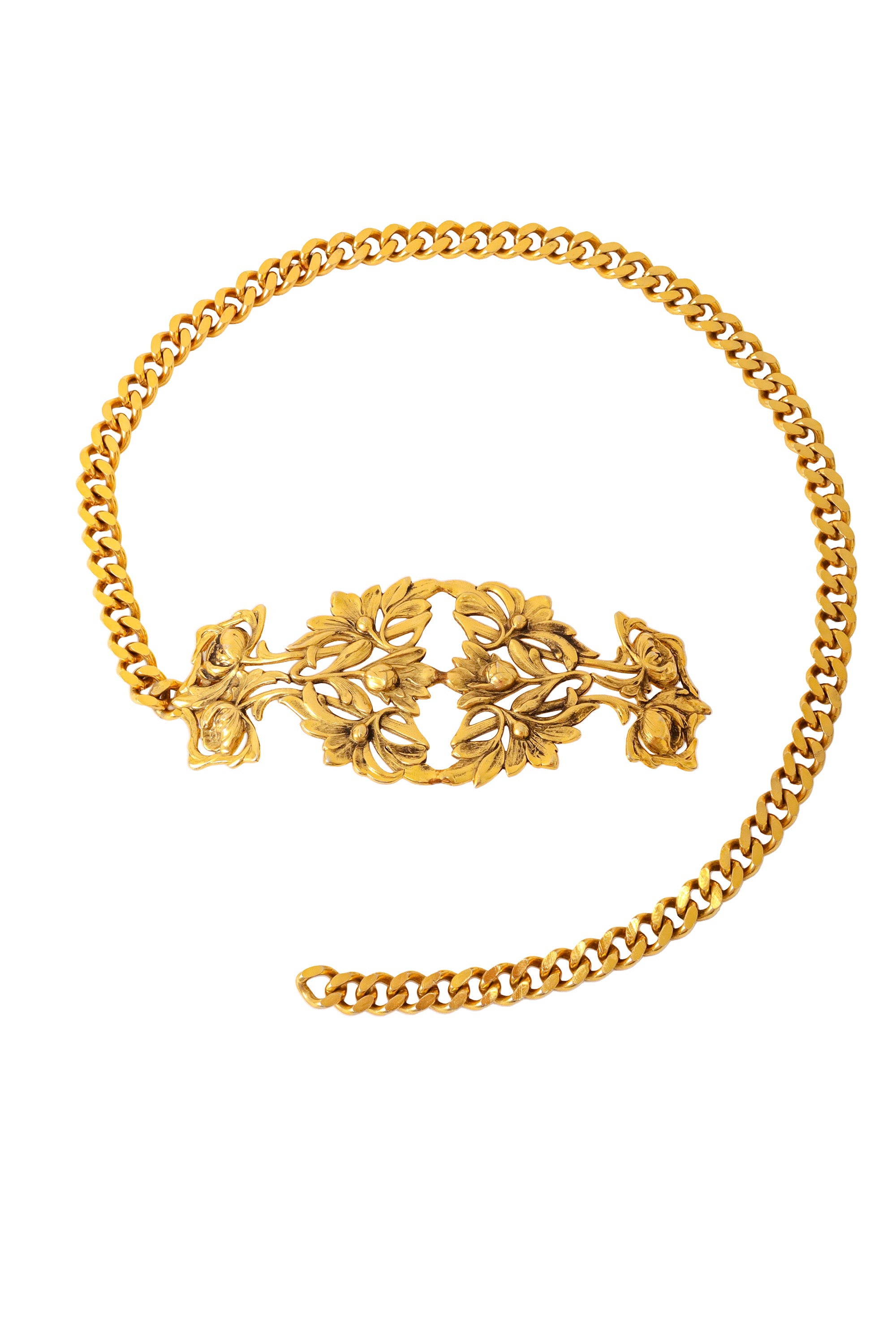 Gold tone chain belt with ornate rose filigree plaque detail @ Recess LA