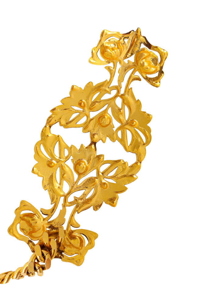 Gold tone chain belt with ornate rose filigree plaque detail buckle backside @ Recess LA 