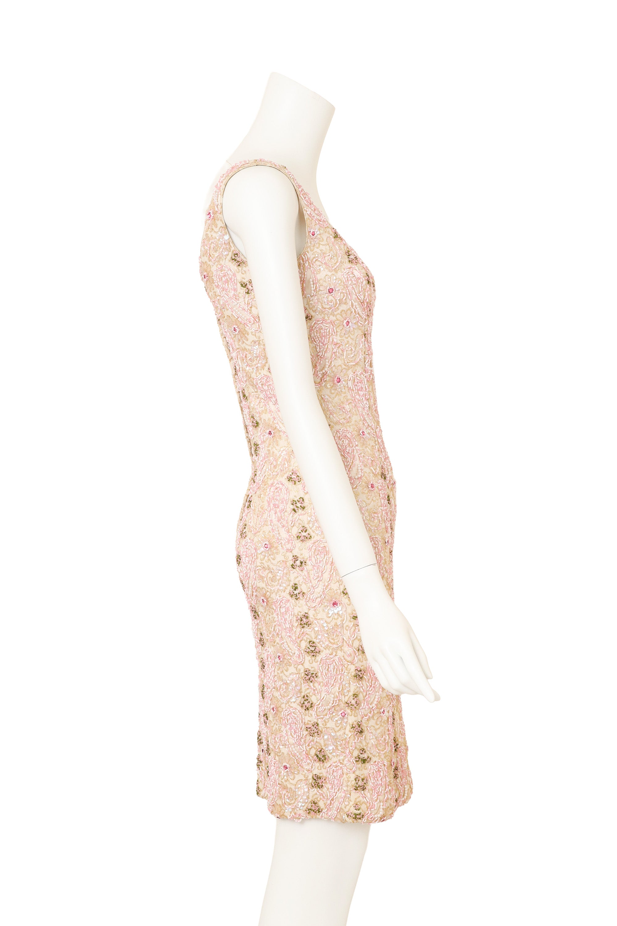 Vintage Artex Beaded Floral Sheath Dress on mannequin side @ Recess LA