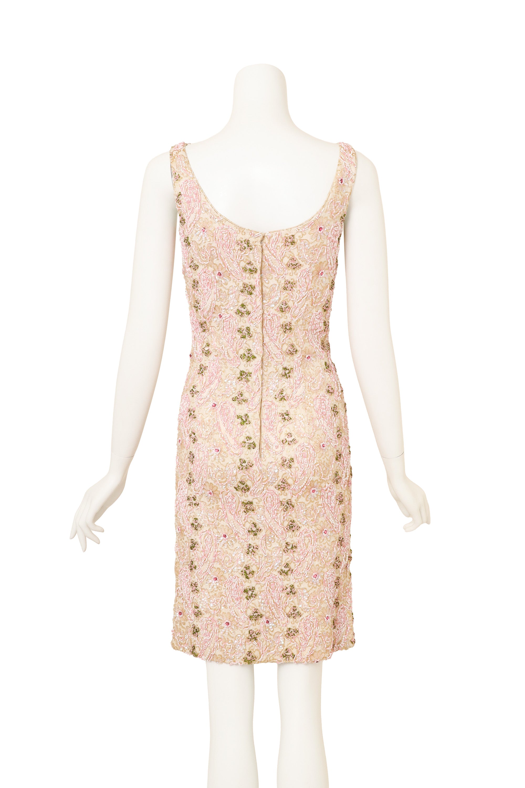 Vintage Artex Beaded Floral Sheath Dress on mannequin back @ Recess LA