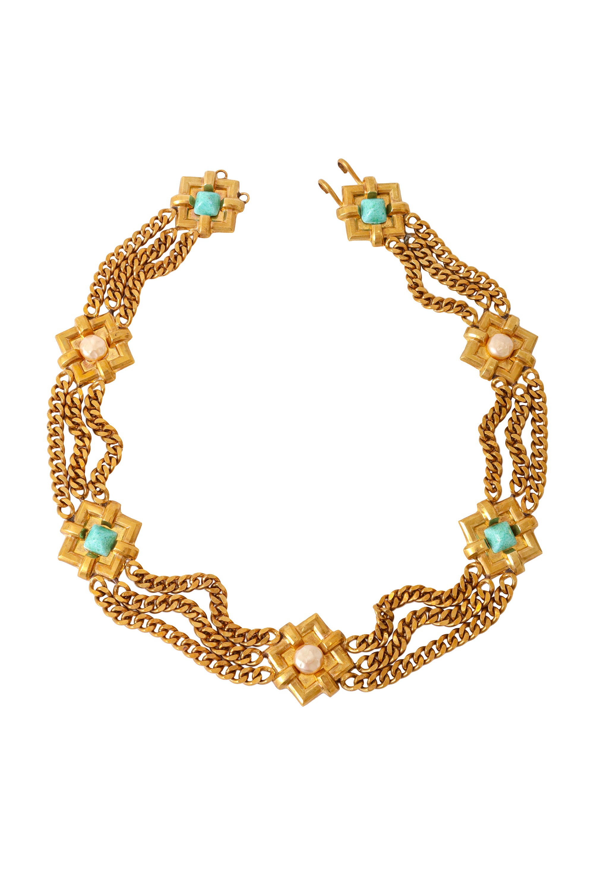 Golden square teal and pearl accent chain belt @ Recess LA