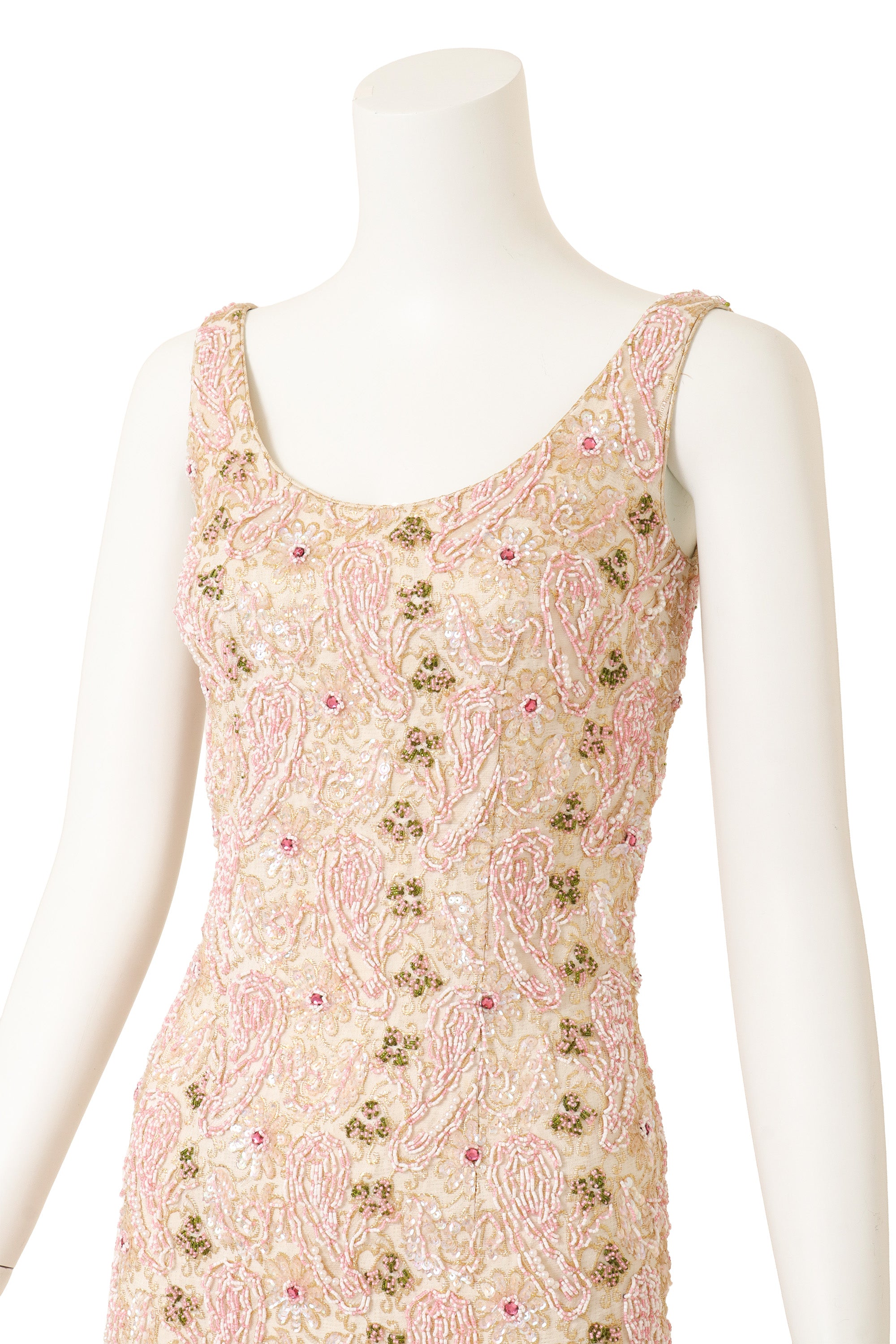 Vintage Artex Beaded Floral Sheath Dress on mannequin close @ Recess LA
