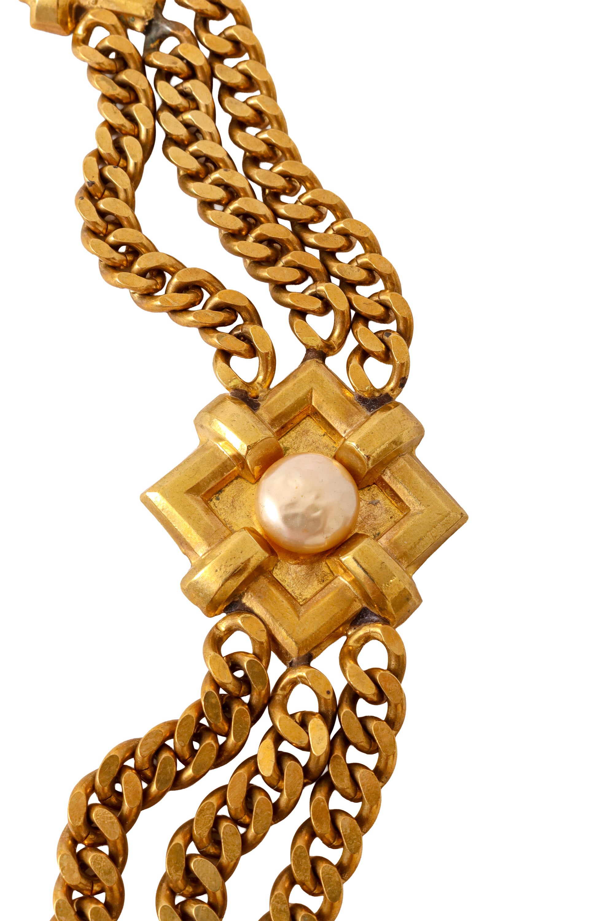 Golden square teal and pearl accent chain belt pearl up close @ Recess LA 