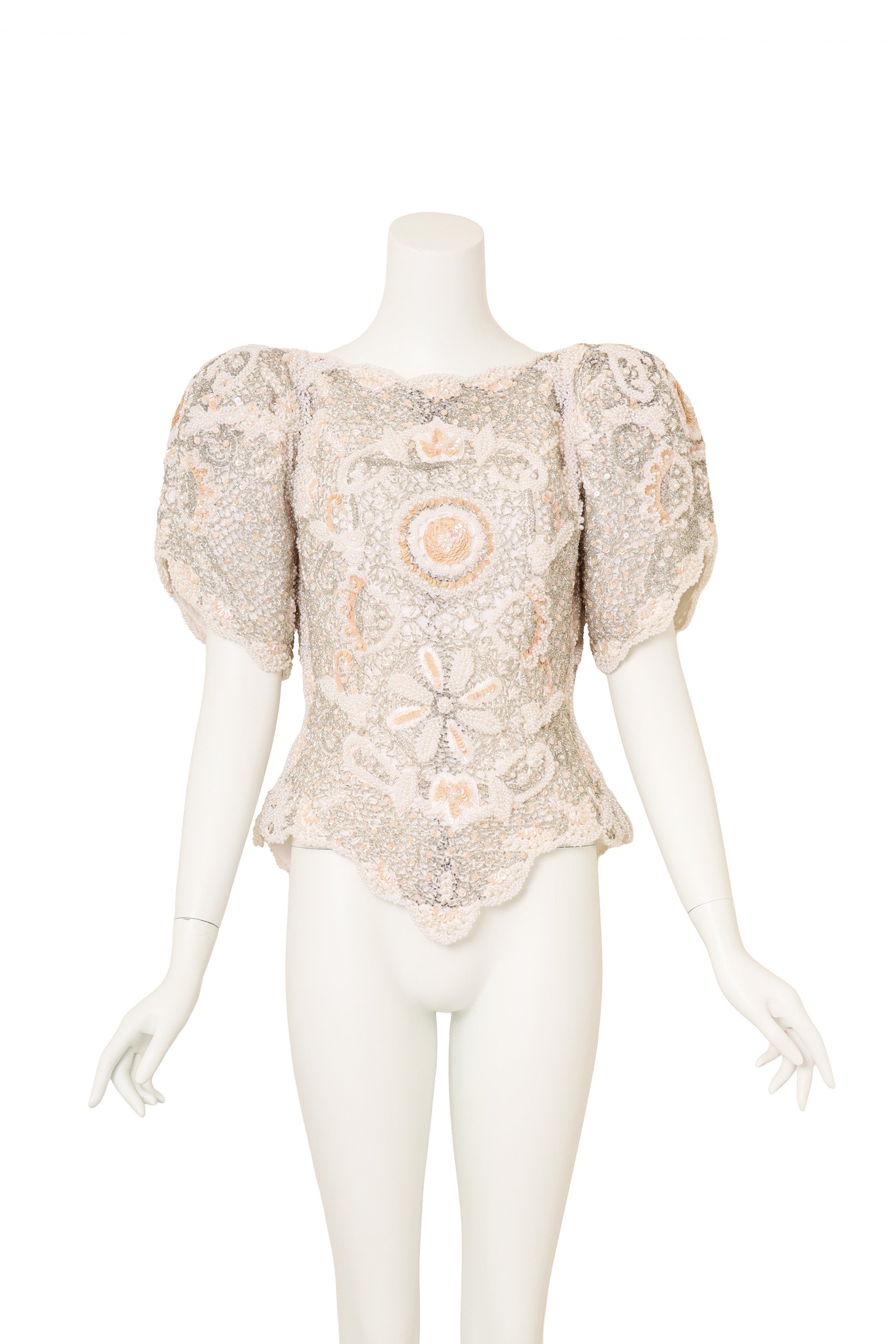 Vintage Arnold Scaasi Beaded Pearl Bridal Top on mannequin @ Recess LA