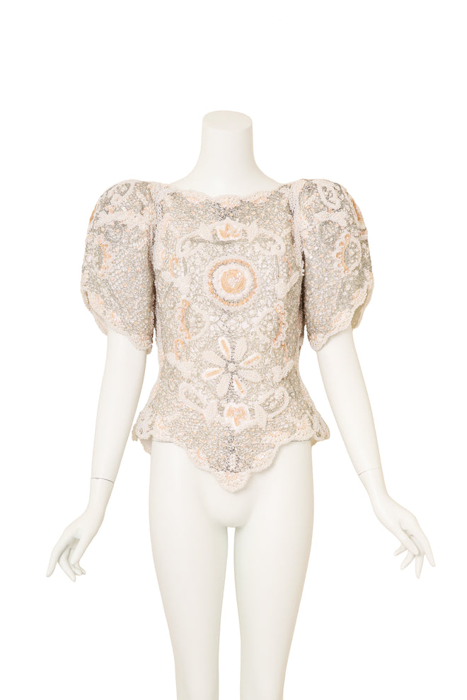 Vintage Arnold Scaasi Beaded Pearl Bridal Top on mannequin @ Recess LA