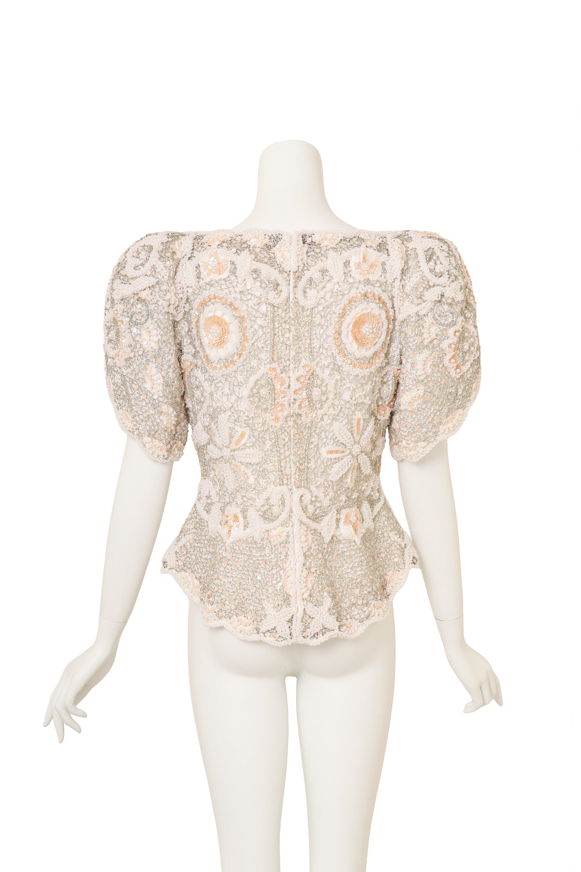 Vintage Arnold Scaasi Beaded Pearl Bridal Top on mannequin back @ Recess LA