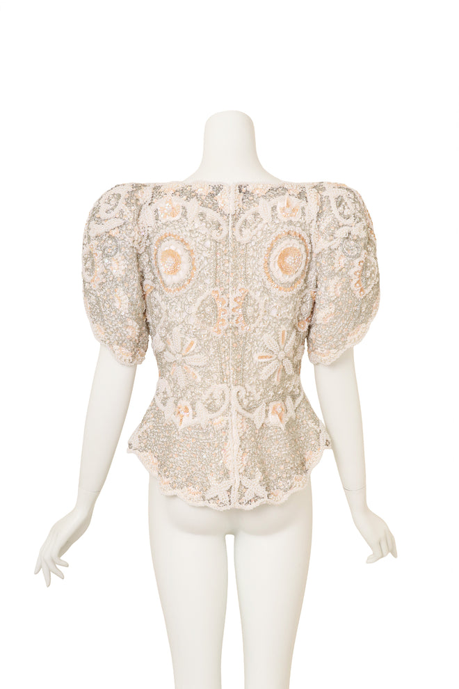 Vintage Arnold Scaasi Beaded Pearl Bridal Top on mannequin back @ Recess LA