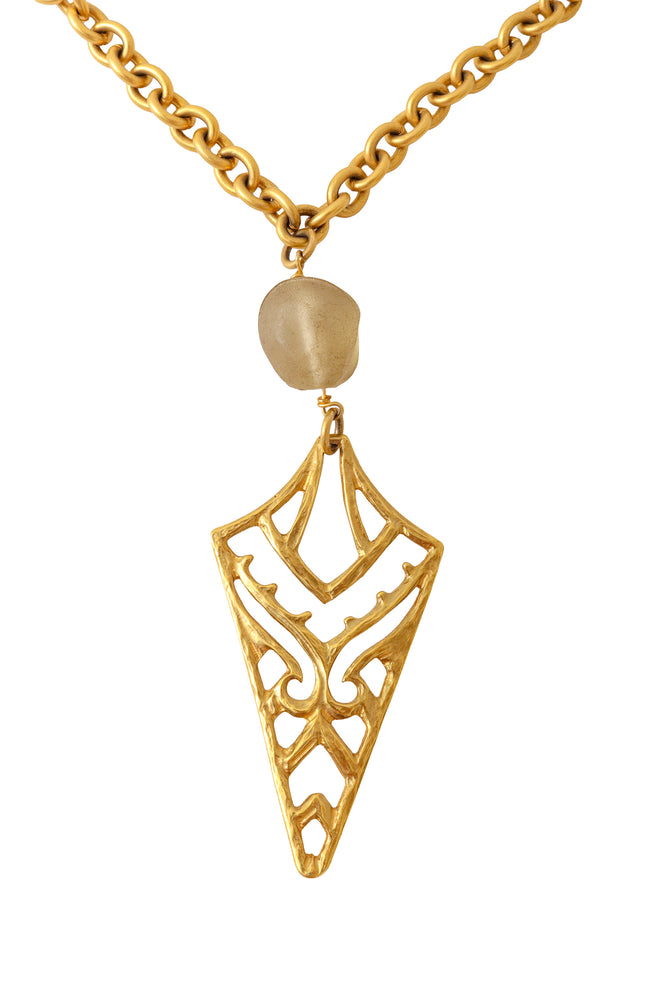 Filigree panel drop necklace with geometric openwork details arrow up close @ Recess LA 