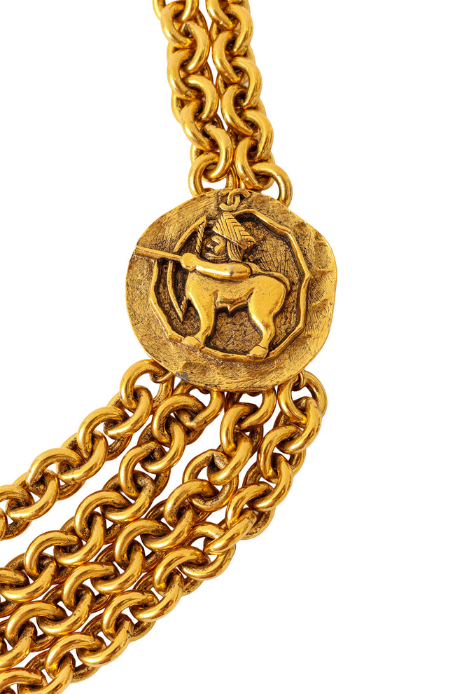 Sagittarius coin gold-tone quad chain necklace by Chanel coin up close @ Recess LA 
