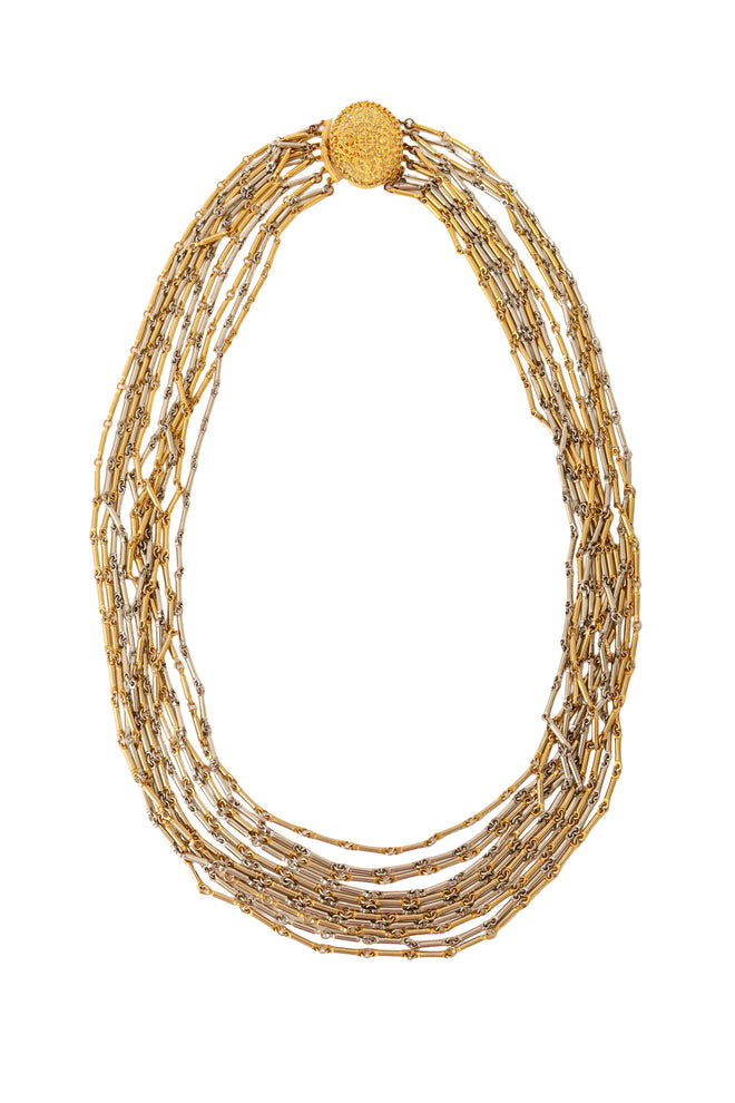 Multi-strand chain necklace with mixed metal links and filigree detailing @ Recess LA