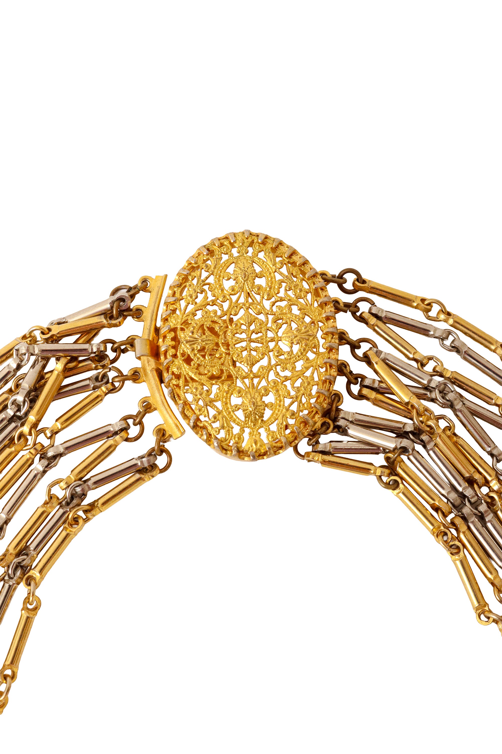 Multi-strand chain necklace with mixed metal links and filigree detailing ornate closure @ Recess LA 